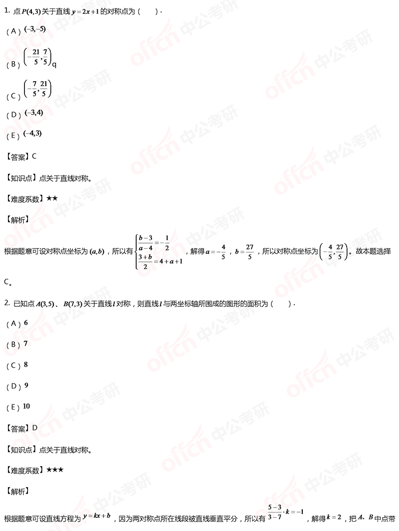 2020考研管理类联考初等数学备考：点对称每日一练